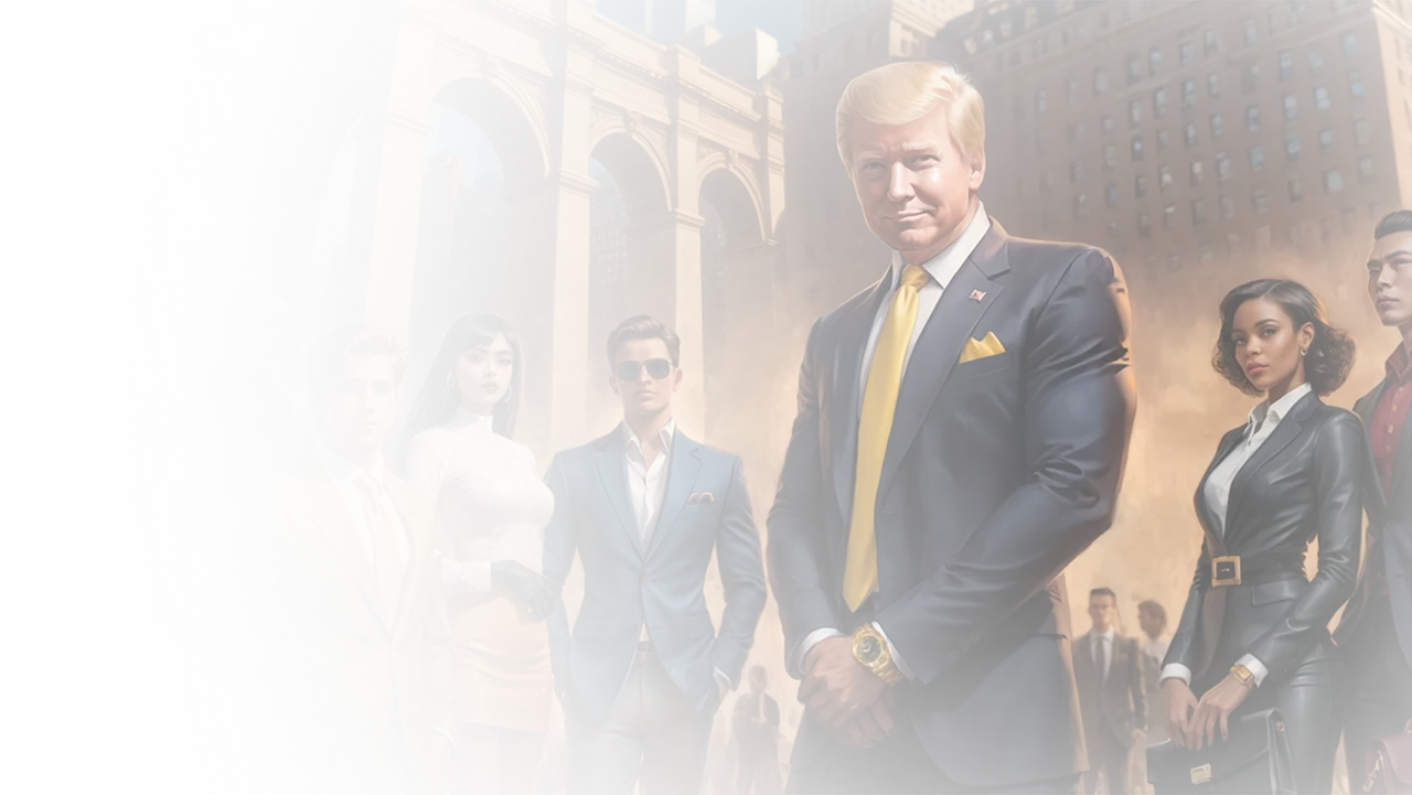 A group of well-dressed young adults standing confidently in front of a large city archway, the central figure resembling a man in a dark suit with a yellow tie and pocket square.