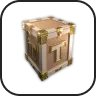 Closed wooden mystery box with metal reinforcements and a keyhole.