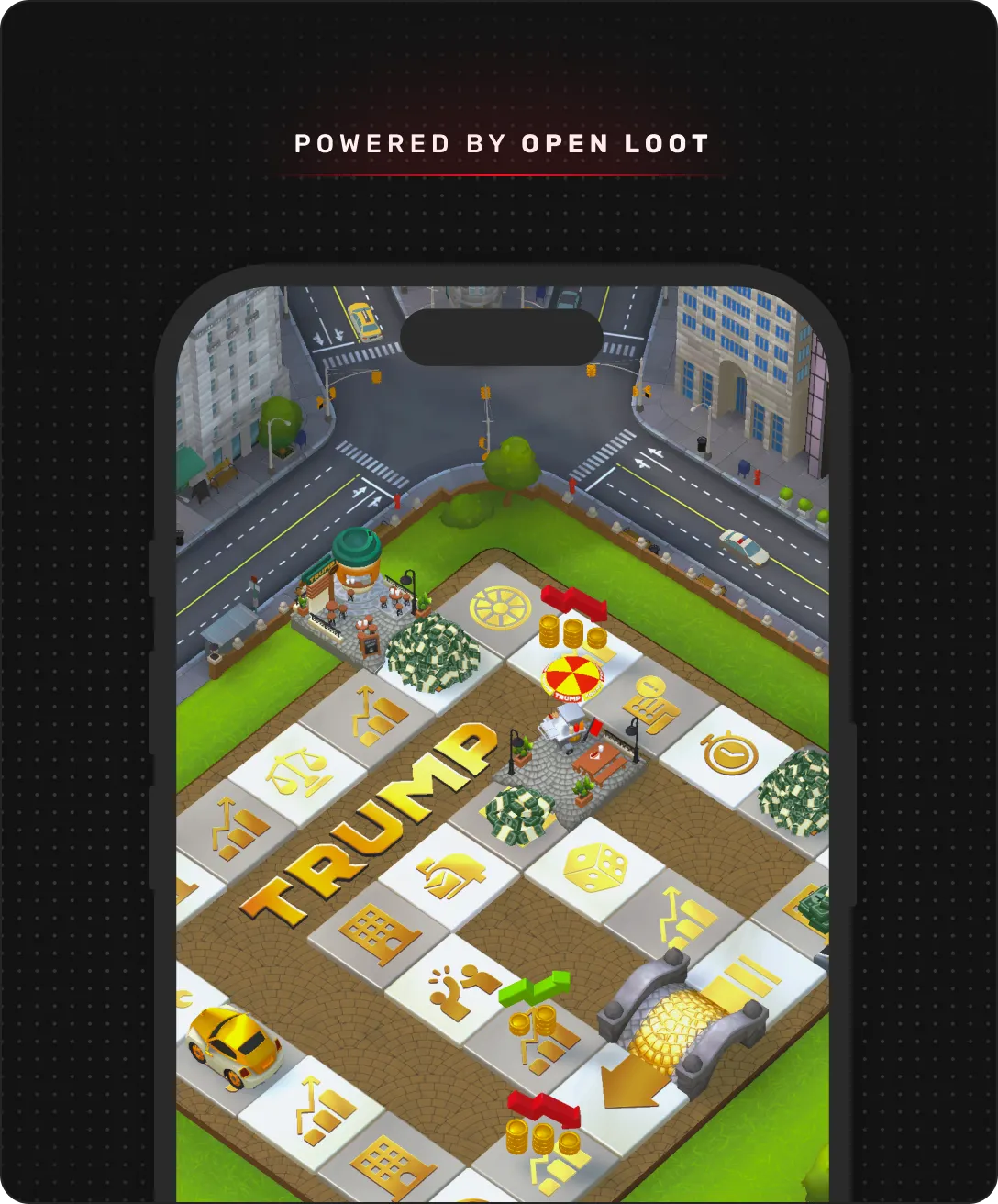 Mobile phone screen displaying a 3D board game titled TRUMP with gold icons, money piles, and a miniature café on a city street background.